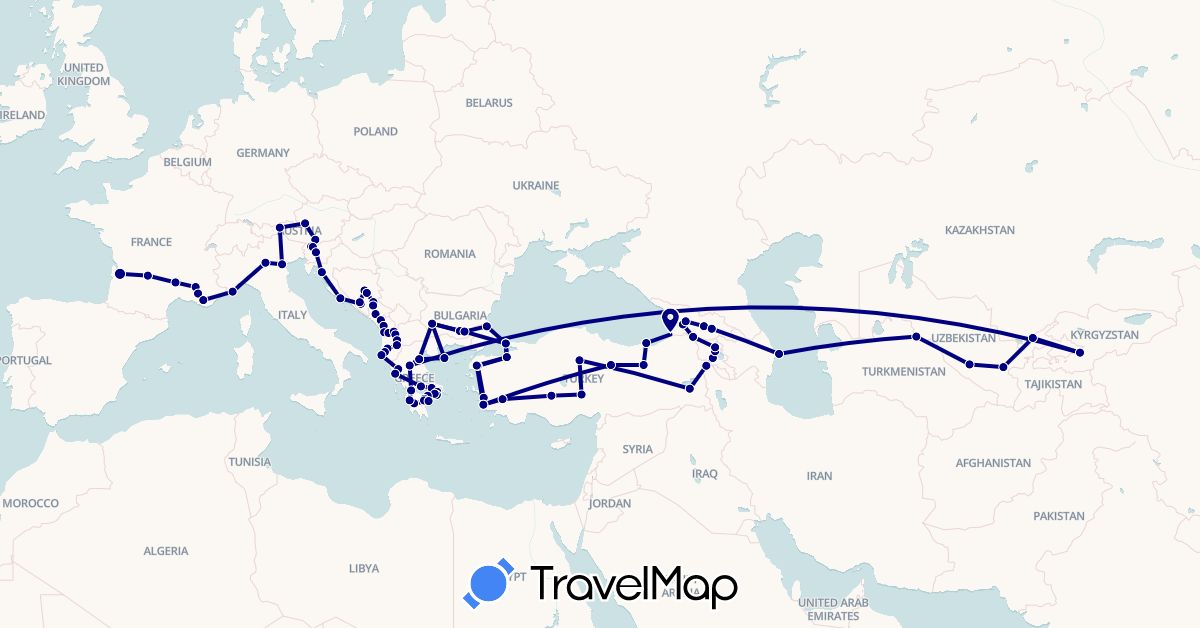 TravelMap itinerary: driving in Albania, Armenia, Austria, Azerbaijan, Bosnia and Herzegovina, Bulgaria, France, Georgia, Greece, Croatia, Italy, Kyrgyzstan, Montenegro, Macedonia, Slovenia, Turkey, Uzbekistan (Asia, Europe)