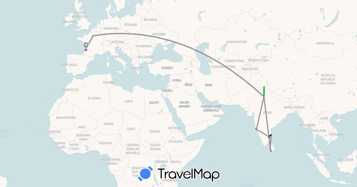 TravelMap itinerary: driving, bus, plane, train, motorbike in France, India, Sri Lanka (Asia, Europe)
